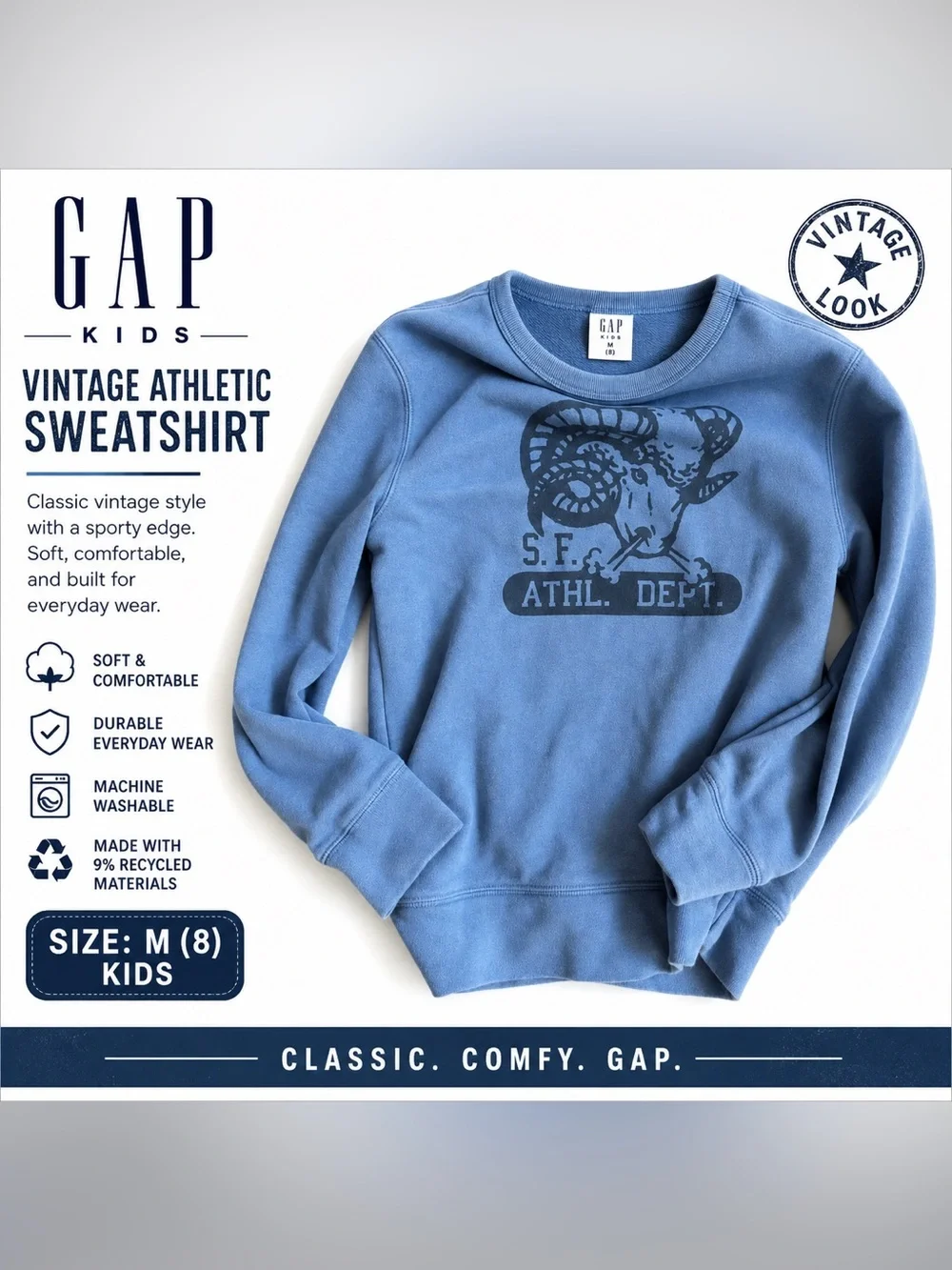 GAP Kids Slate Blue Ram Athletic Crewneck Sweatshirt